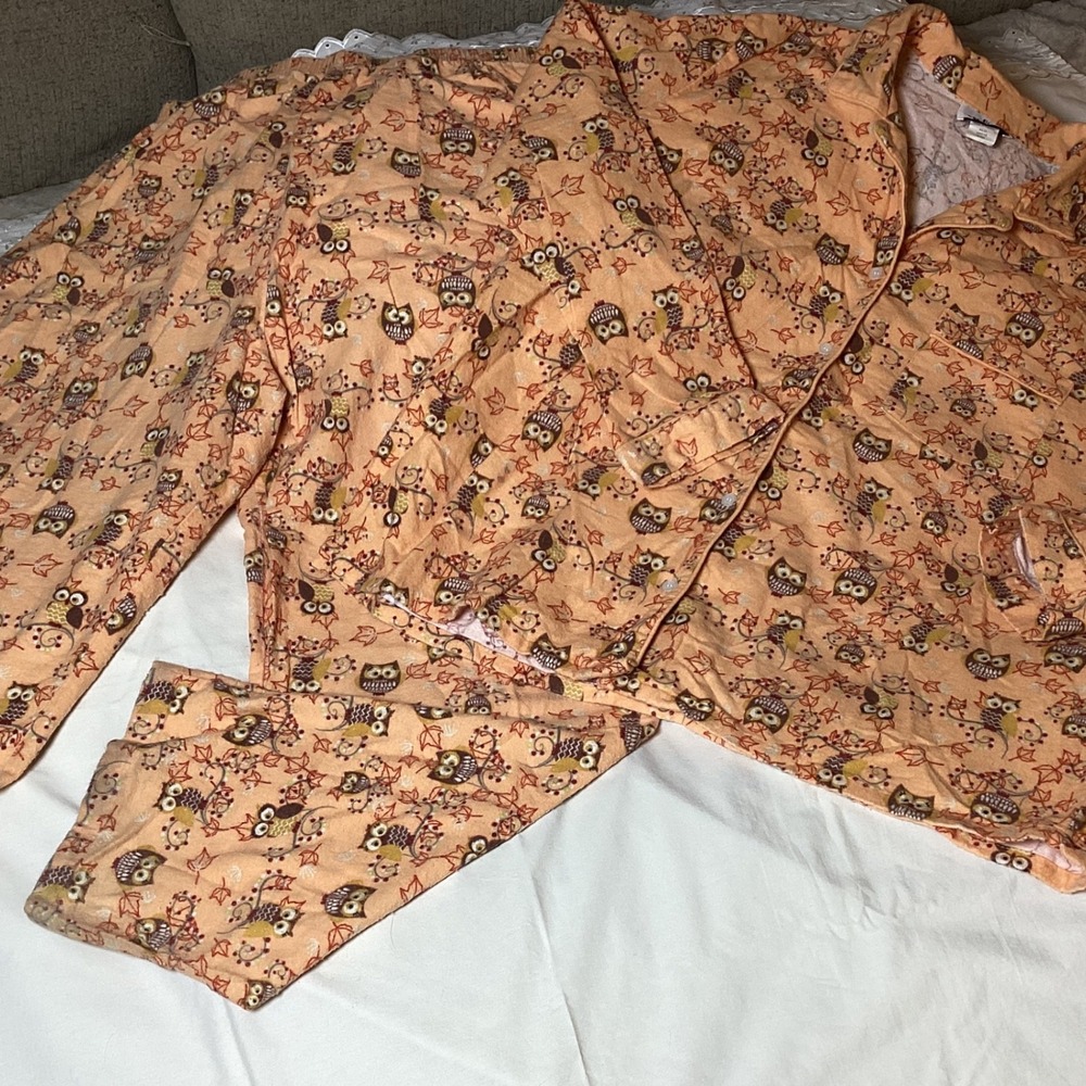 Metropolitan Owl Print 2‑Piece‎ Flannel Pajama Set, Size XL, Orange, 100% Cotton